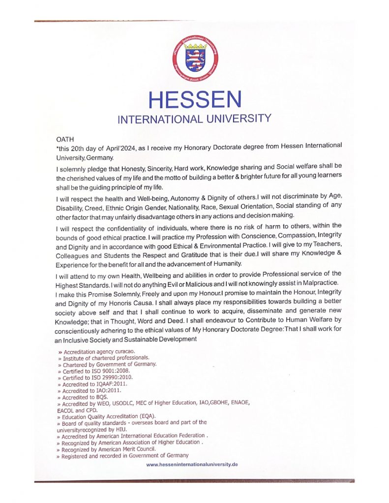 6.  Doctor of Philosophy (Ph.D.) degree in Social Work from Hessen International University of Germany.